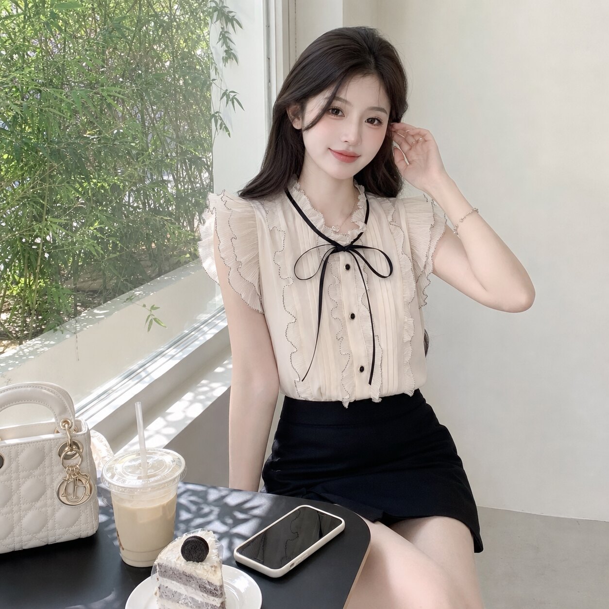 杏色小飞袖蕾丝领无袖衬衫