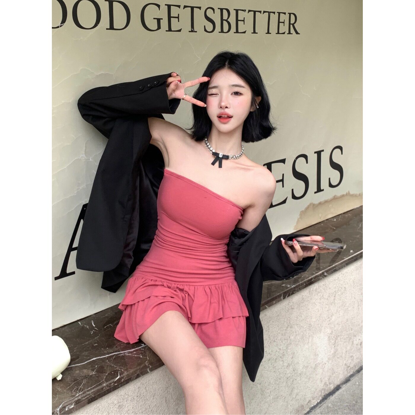 夏季新款甜辣纯欲性感抹胸连衣裙女显瘦修身荷叶边辣妹包臀短裙子