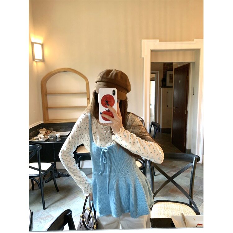 韩系穿搭一整套甜美减龄风气质内搭娃娃领波点衬衫+针织吊带背心