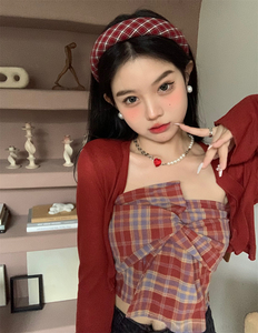 法式辣妹外穿格子抹胸吊带背心女夏季2023新款修身显瘦不规则上衣