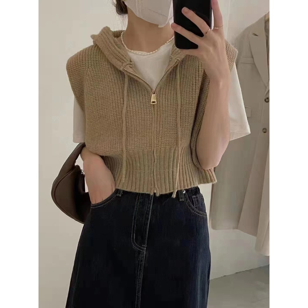2024早秋韩版chic小众连帽短款抽绳无拉链针织马甲背心外穿上衣