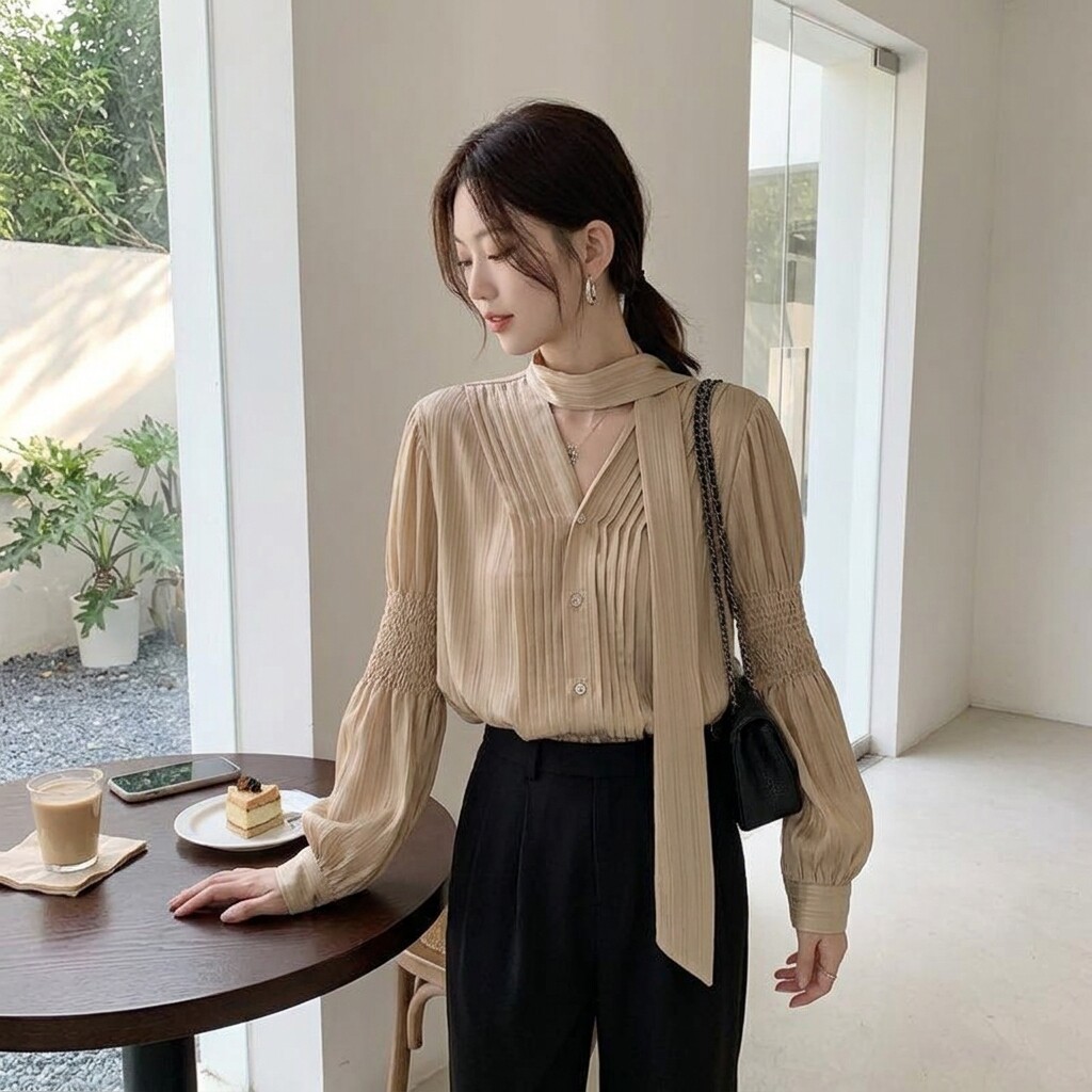 法式飘带V领宽松长袖衬衫女大码