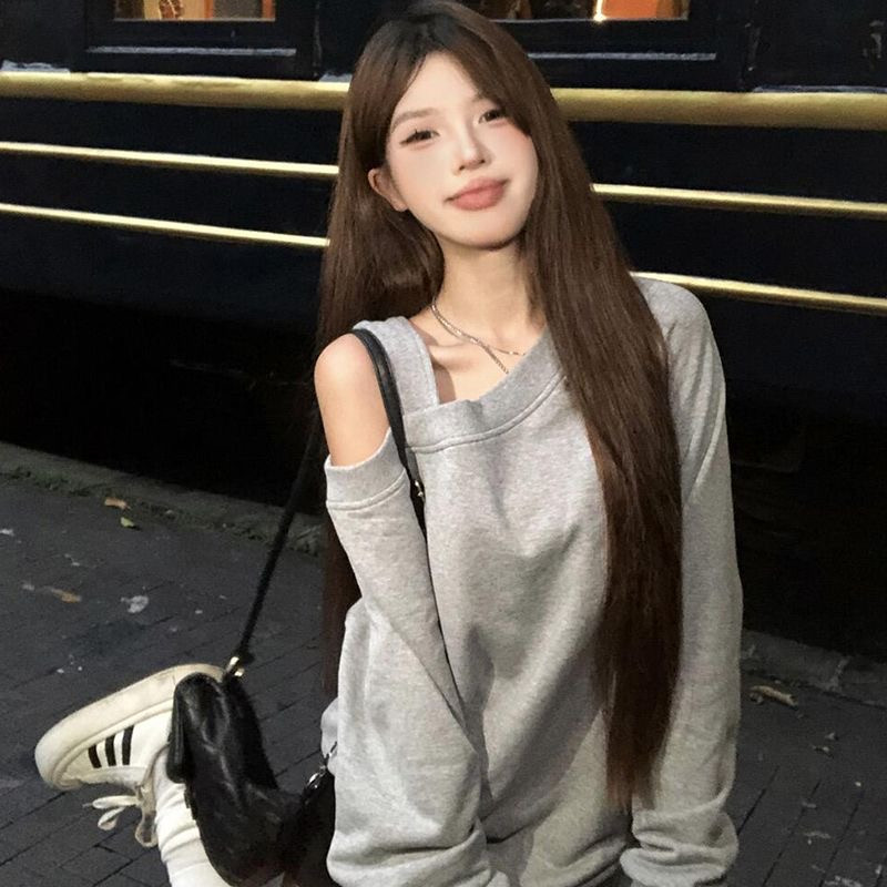 美式灰色肩带斜肩卫衣女春秋款复古oversize薄款露肩套头长袖上衣