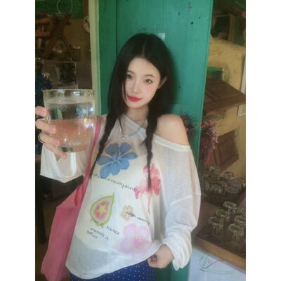 辣妹印花微透长袖T恤女防晒