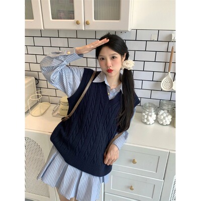 韩系学院风坎肩针织马甲宽松毛衣背心叠穿长袖衬衫连衣裙女两件套