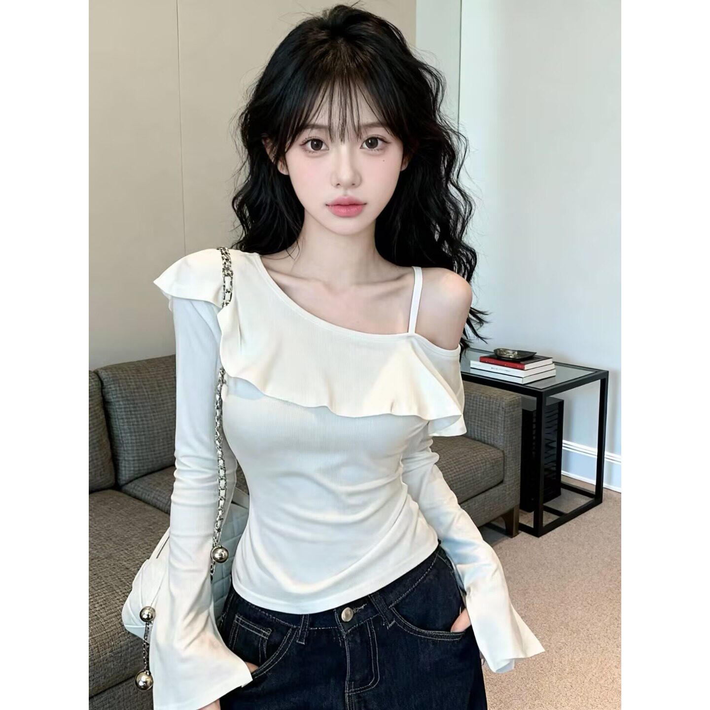 韩系荷叶边斜领吊带T恤女秋季新款甜辣妹修身显瘦百搭长袖上衣ins