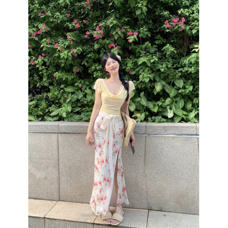 缎面系带蝴蝶结复古碎花半身裙女夏季长裙高腰鱼尾裙荡领T恤套装