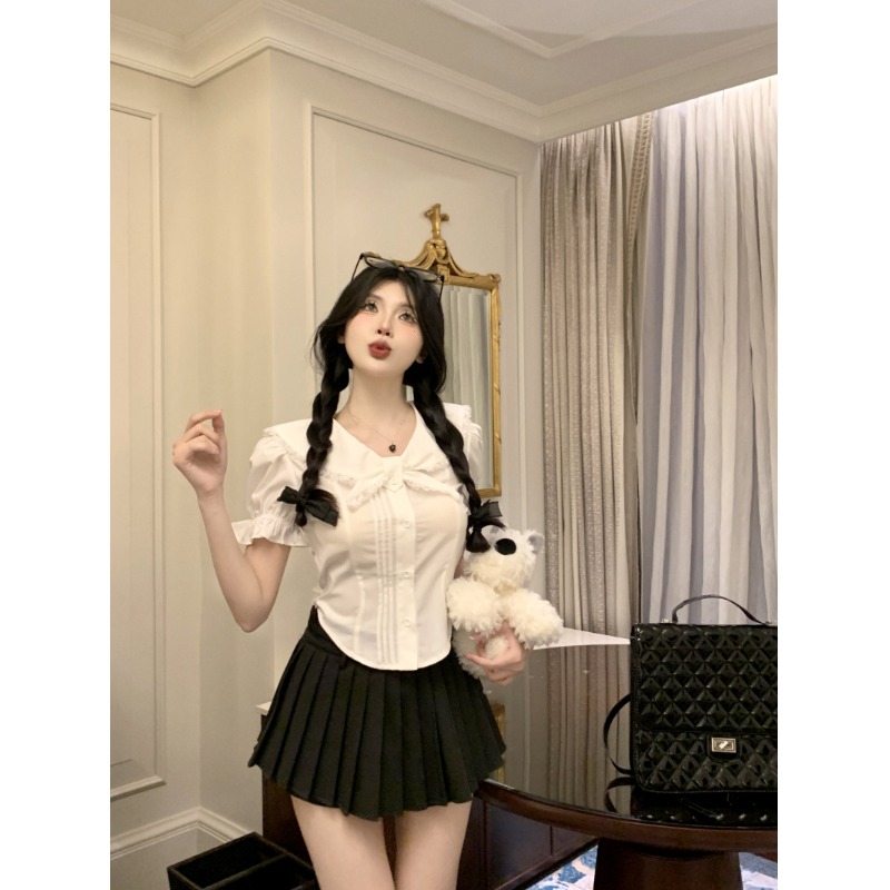 纯欲风娃娃领蝴蝶结白衬衫女夏季jk制服设计感小众短款小个子上衣