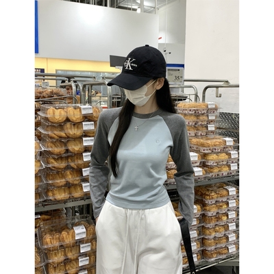 秋冬拼色德绒修身圆领长袖T恤女