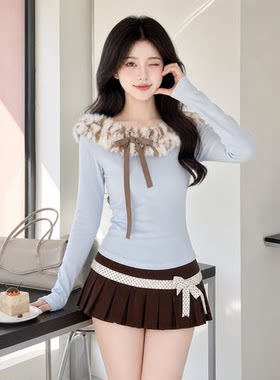 蓝色毛领一字肩长袖显瘦T恤女