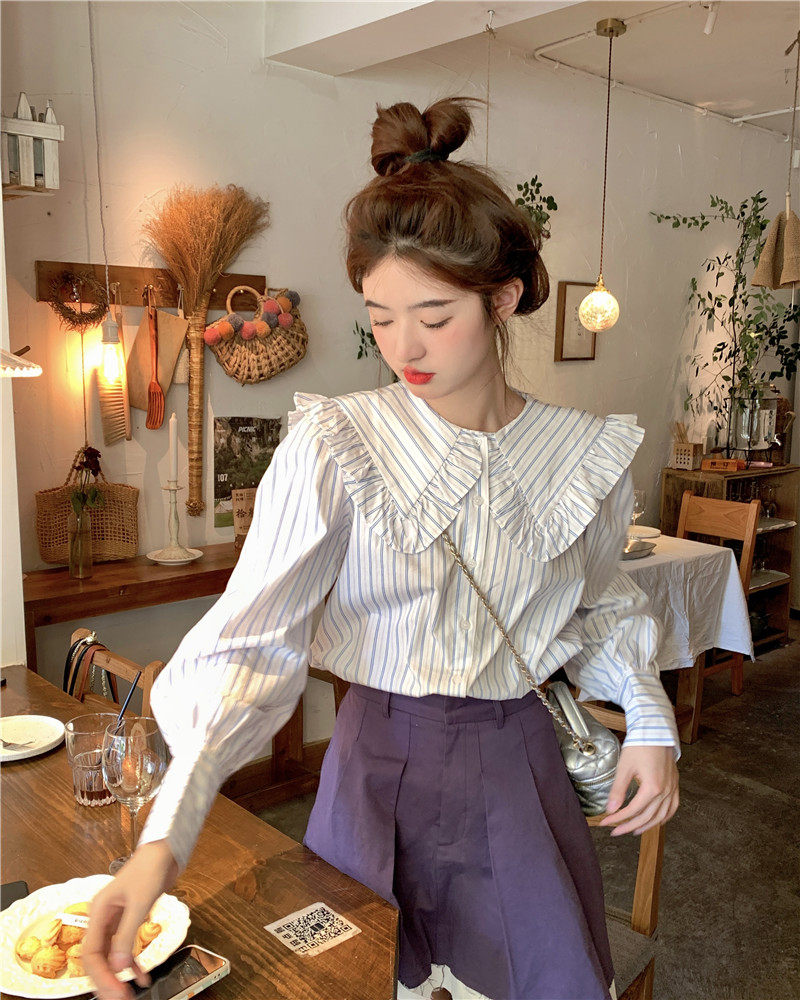 条纹娃娃领长袖衬衫女上衣