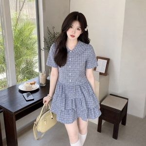 女士娃娃领日常学院风衬衫裙格纹短裙女夏季短袖小个子蛋糕连衣裙