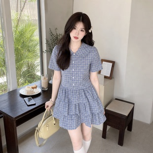 女士娃娃领日常学院风衬衫裙格纹短裙女夏季短袖小个子蛋糕连衣裙