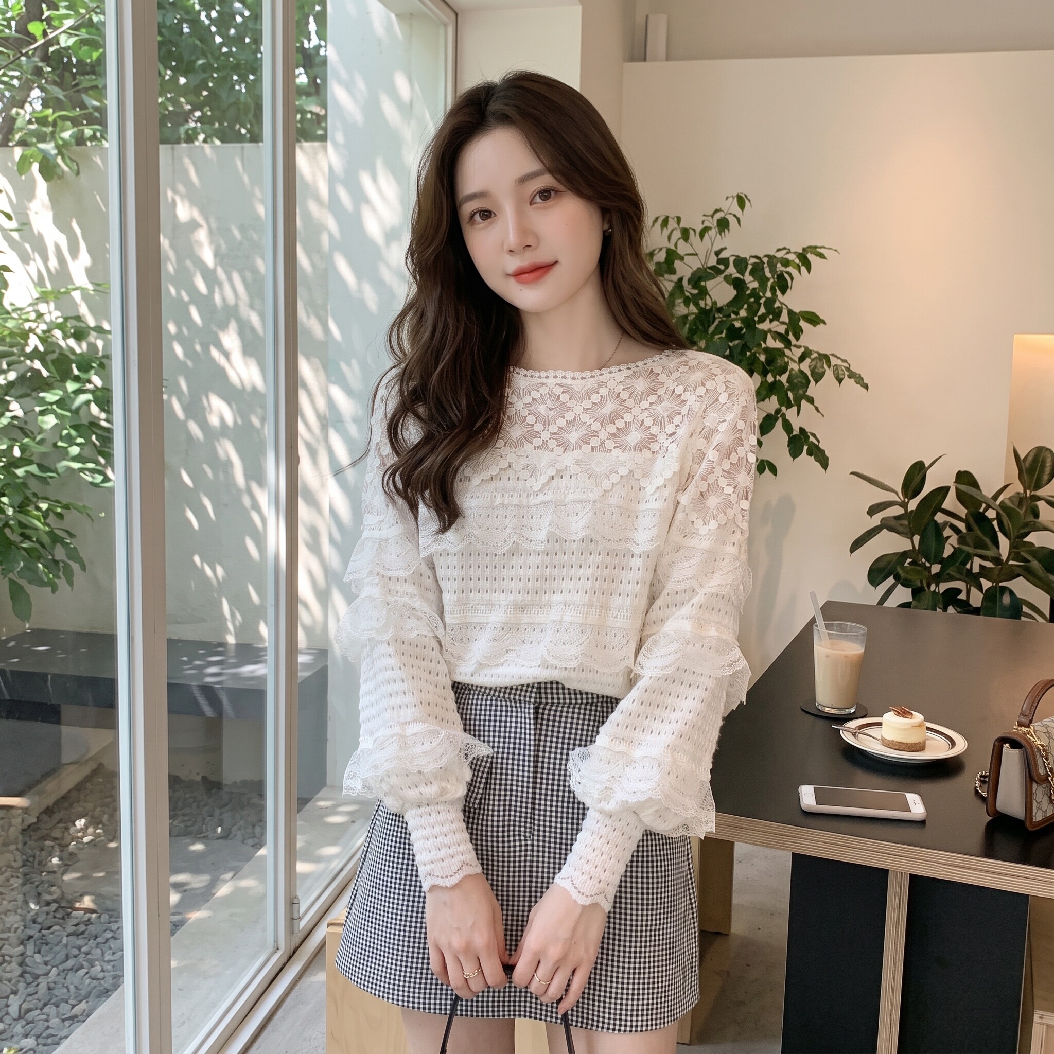 法式蕾丝雪纺长袖打底衫女新款