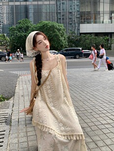 海边度假风假两件吊带连衣裙女夏气质超仙印花流苏不规则沙滩长裙