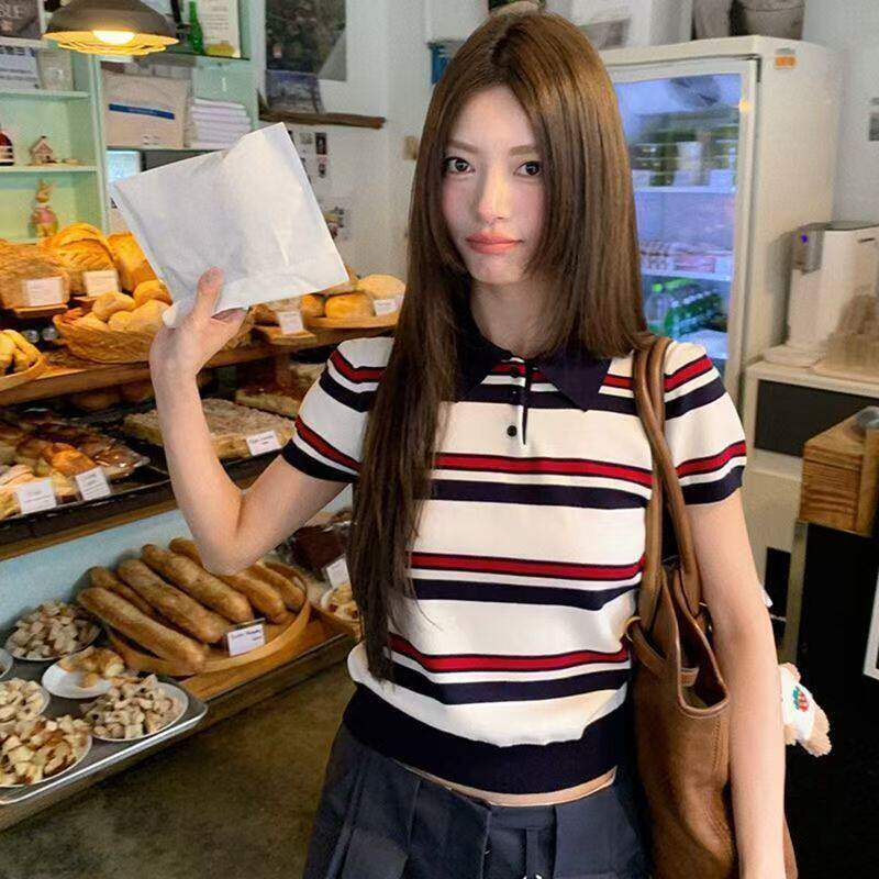 学院风撞色条纹POLO领针织短袖T恤女夏薄款修身显瘦短款正肩上衣