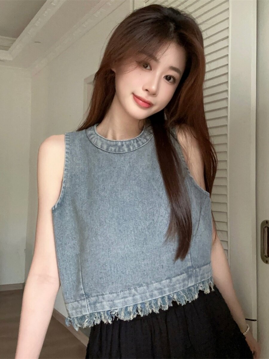 불규칙한 로우 엣지 디자인 여성용 하이웨이스트 숏 데님 조끼 새로운 여름 한국 스타일 루즈 패션 탑 트렌디