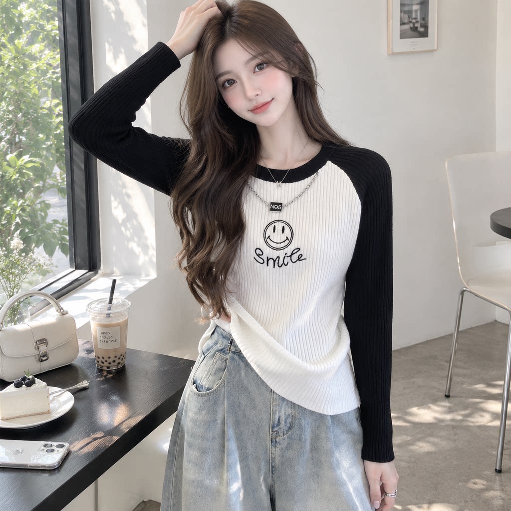女大码撞色长袖显瘦T恤