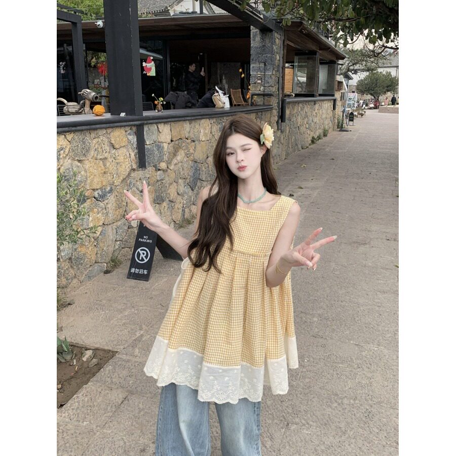 甜美格子韩系蕾丝拼接无袖背心女夏季2026新款宽松显瘦中长款上衣
