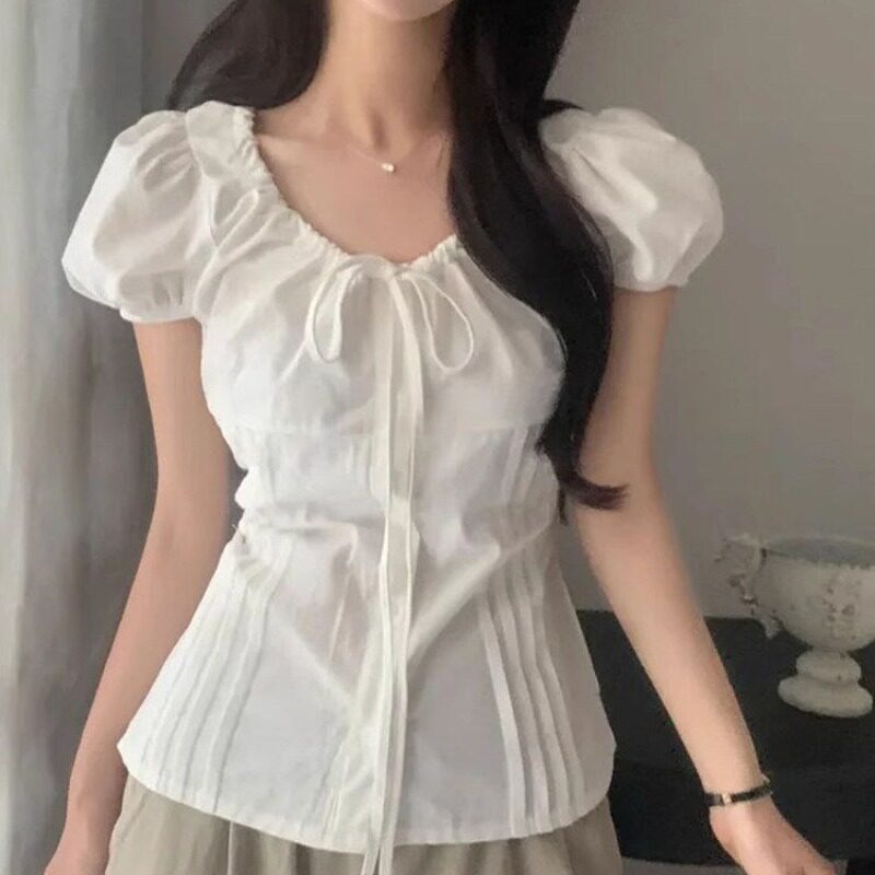 夏季法式泡泡袖短款显瘦衬衫