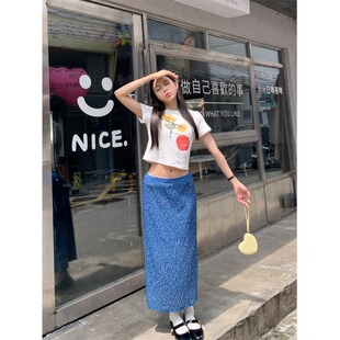 蓝色直筒碎花半身裙夏季女薄款设计感小众气质显瘦蕾丝花边中长裙