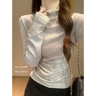 韩系chic半高领蕾丝羊绒磨毛衫女秋冬洋气加绒加厚显瘦打底衫上衣