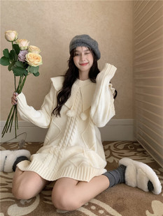 娃娃领甜美软糯毛衣针织衫中长款连衣裙女秋冬宽松慵懒风休闲裙