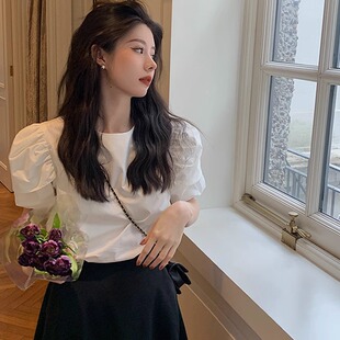 法式白色衬衫女短袖夏季设计感小众气质高级感别致衬衣泡泡袖上衣
