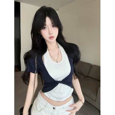 法式小众辣妹气质拼色挂脖T恤设计感扭结假两件修身百搭上衣女夏
