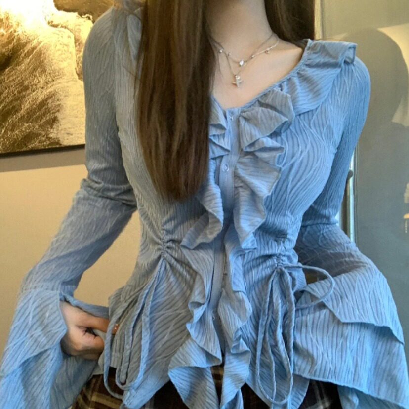 法式蓝色波浪纹抽绳衬衫女防晒衣新款设计感小众喇叭袖长袖上衣潮