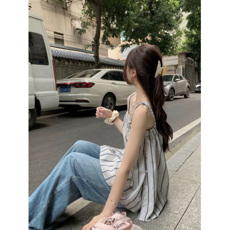 撞色条纹吊带背心女夏季2025新款宽松气质百搭度假风无袖外穿上衣