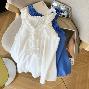 法式木耳边V领蓝色无袖衬衫女夏设计感高级吊带背心纯欲雪纺上衣