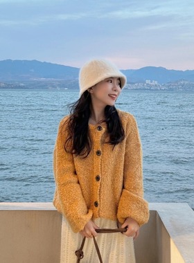 软糯慵懒风黄色针织开衫毛衣女2025秋冬季新款小个子短款宽松外套