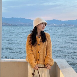 软糯慵懒风黄色针织开衫毛衣女2025秋冬季新款小个子短款宽松外套