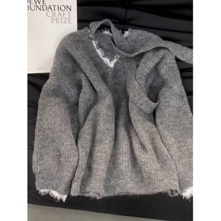 法式复古灰色蕾丝花边拼接毛衣女2025冬季高级感慵懒风针织衫上衣