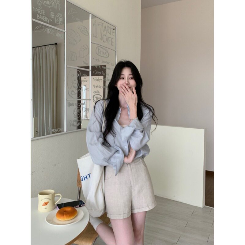 韩系慵懒风薄款宽松长袖衬衫直筒休闲短裤女2026夏季新款时尚套装