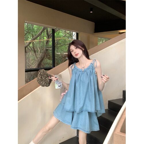 复古套装女小众绑带吊带背心上衣夏季高腰牛仔阔腿短裤子两件套潮