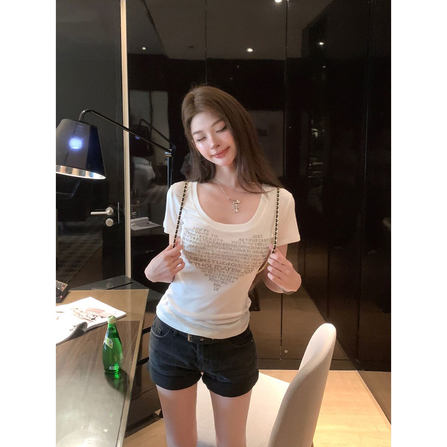 美式辣妹心形烫钻显瘦短袖T恤