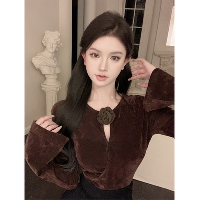 立体玫瑰丝绒打底衫女秋冬季咖色修身长袖T恤法式高级感气质上衣