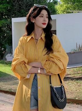 设计感小众黄色条纹长袖衬衫女夏季2025新款韩版宽松轻薄防晒衬衣