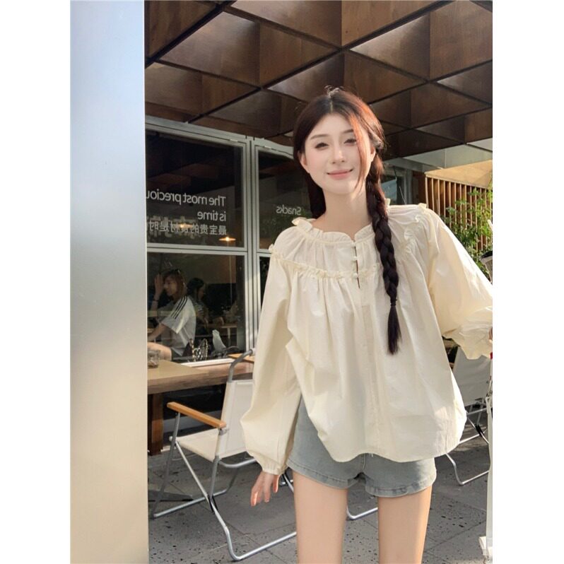 甜美纯色小清新圆领米耳边长袖2026新款秋季宽松设计感套头衬衫