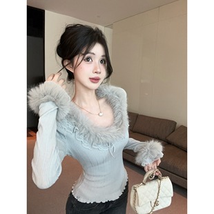 法式甜美毛毛拼接U领修身T恤小衫秋冬新款气质设计感独特显瘦上衣