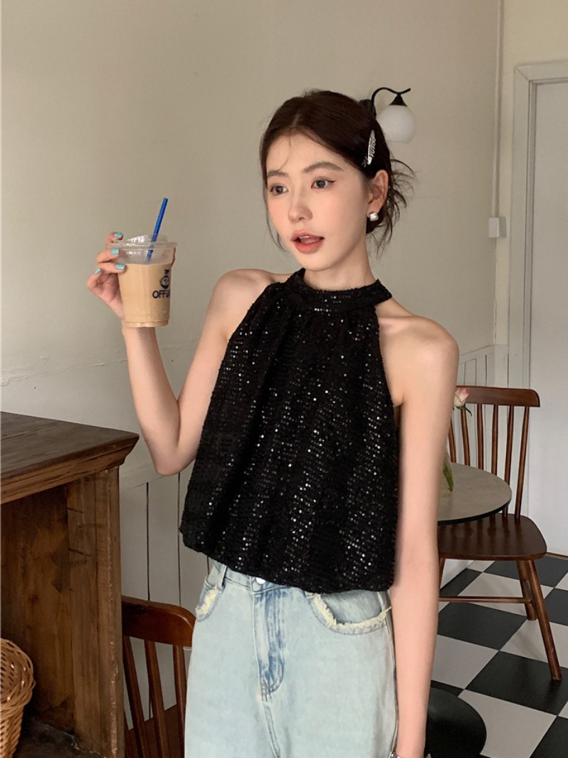 重工亮片挂脖无袖背心女夏季法式气质宽松chic短款上衣