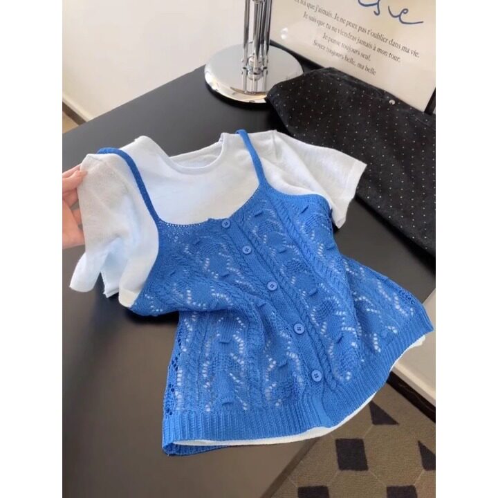 多巴胺蓝色针织衫吊带背心套装女夏季新款显瘦减龄短袖t恤两件套