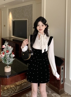 重工钉珠丝绒吊带连衣裙女春秋叠穿外搭法式修身短裙白色衬衫套装