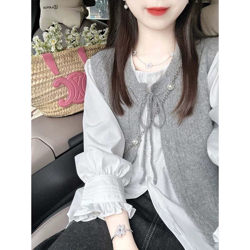 两件/套装韩系叠穿圆领短款针织衫马甲背心毛衣女学生+泡泡袖衬衫