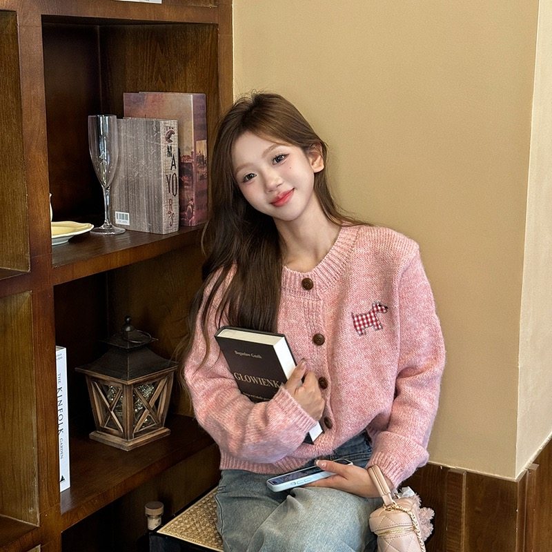 慵懒风小狗贴布甜美开衫毛衣女早秋新款宽松外套独特超好看上衣潮