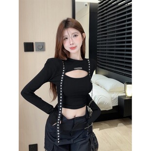 2024秋季新款甜酷辣妹风长袖T恤女设计感镂空修身百搭打底衫上衣