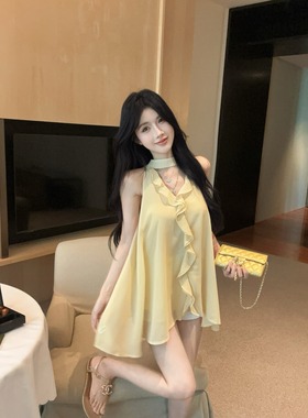 夏季新品盐系穿搭黄色上衣女法式荷叶边设计V领围脖飘带雪纺衫