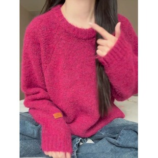 2026年新款高级感浣熊绒奶油蜜桃粉色毛衣女冬季设计感小众慵懒风